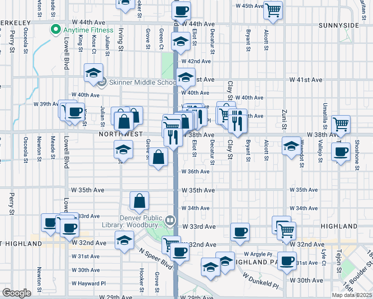 map of restaurants, bars, coffee shops, grocery stores, and more near 3655 Eliot Street in Denver