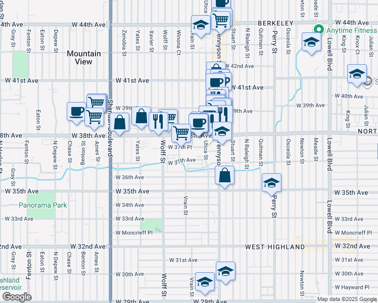 map of restaurants, bars, coffee shops, grocery stores, and more near 4655 West 37th Place in Denver
