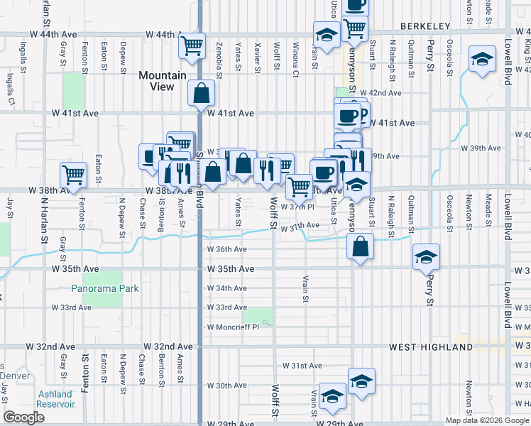 map of restaurants, bars, coffee shops, grocery stores, and more near West Columbia Place in Denver