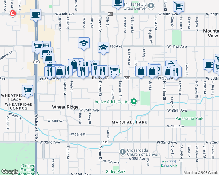 map of restaurants, bars, coffee shops, grocery stores, and more near 6701 West 36th Place in Wheat Ridge