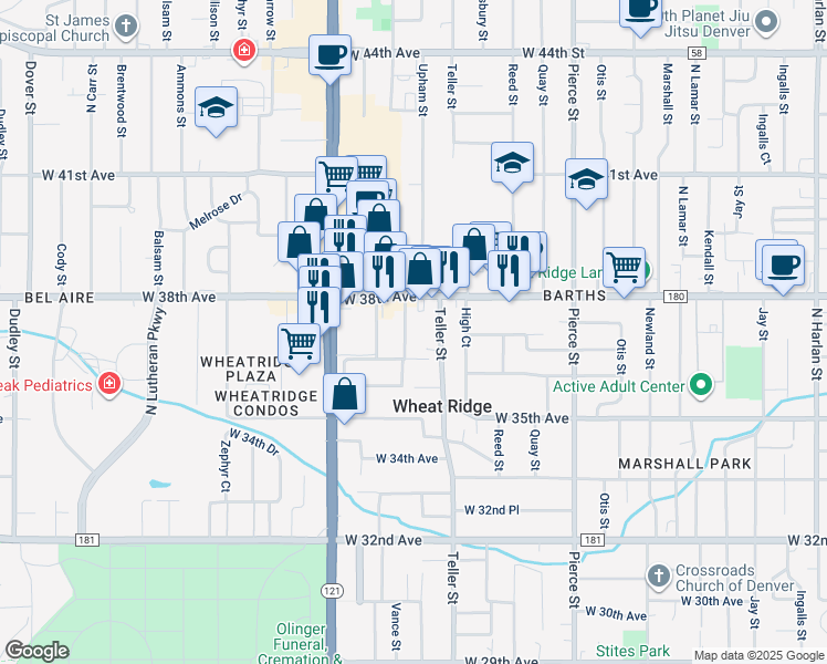 map of restaurants, bars, coffee shops, grocery stores, and more near 3659 Teller Street in Wheat Ridge