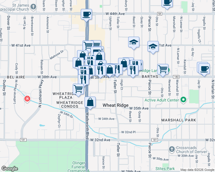 map of restaurants, bars, coffee shops, grocery stores, and more near 3659 Teller Street in Wheat Ridge