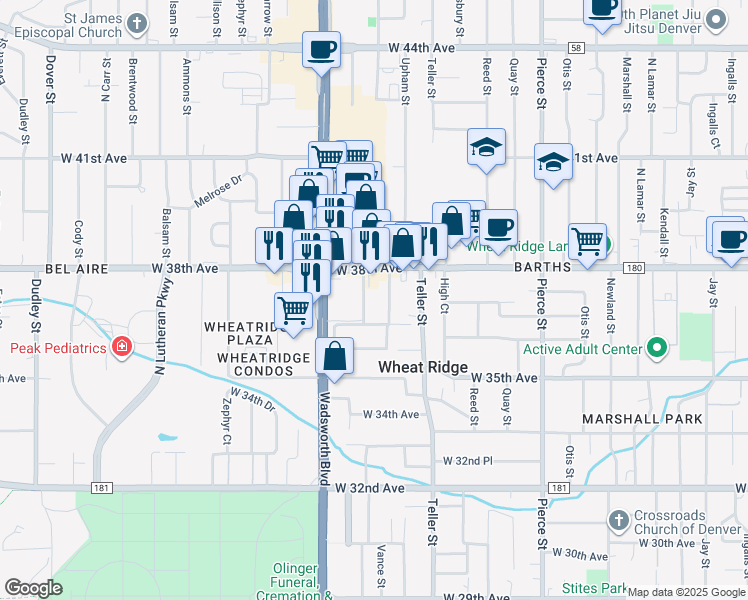 map of restaurants, bars, coffee shops, grocery stores, and more near 3726 Vance Street in Wheat Ridge
