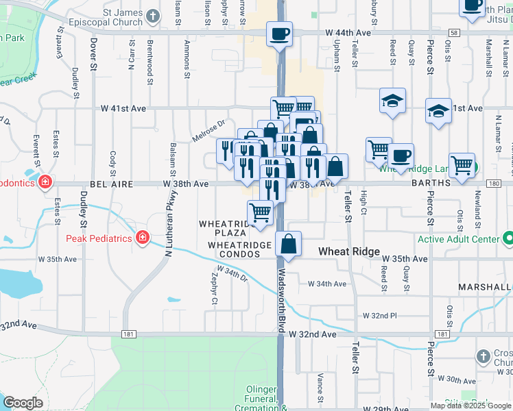 map of restaurants, bars, coffee shops, grocery stores, and more near 3609 Wadsworth Boulevard in Wheat Ridge