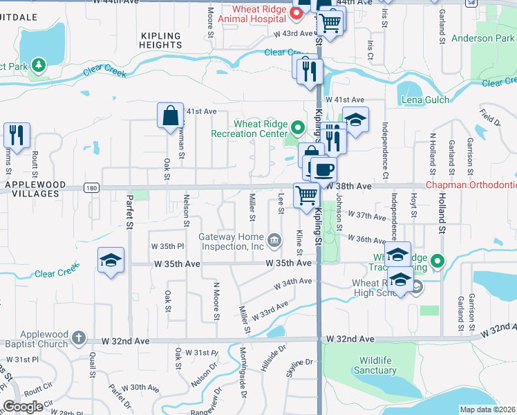 map of restaurants, bars, coffee shops, grocery stores, and more near 3641 Miller Street in Wheat Ridge