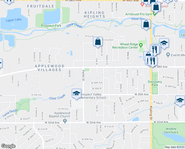 map of restaurants, bars, coffee shops, grocery stores, and more near 3730 Owens Street in Wheat Ridge