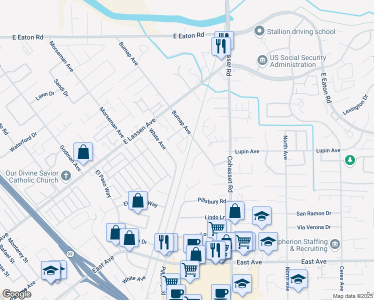 map of restaurants, bars, coffee shops, grocery stores, and more near 62 Tara Terrace in Chico