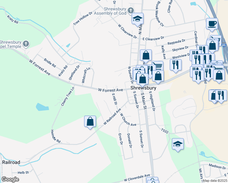 map of restaurants, bars, coffee shops, grocery stores, and more near 124 West Forrest Avenue in Shrewsbury