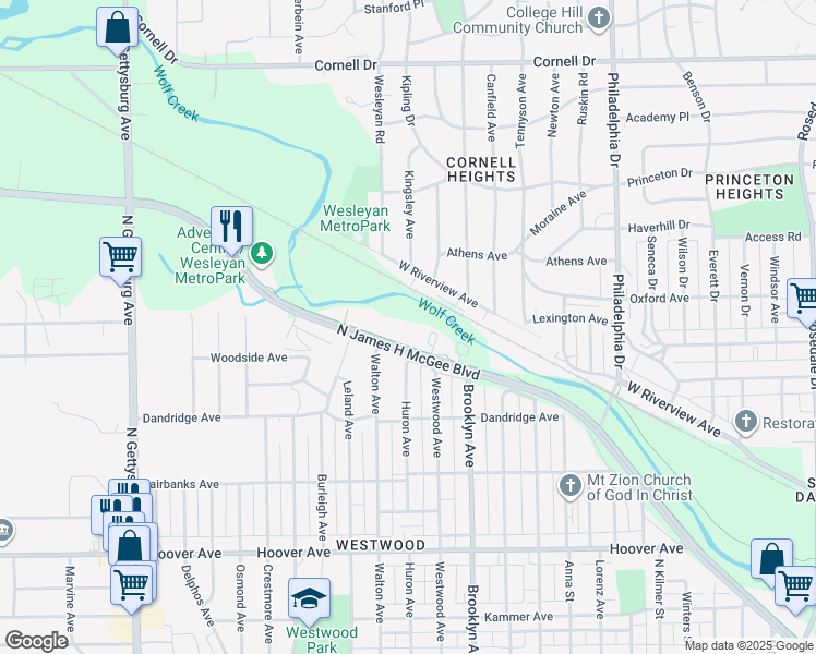 map of restaurants, bars, coffee shops, grocery stores, and more near 1712 North James H McGee Boulevard in Dayton