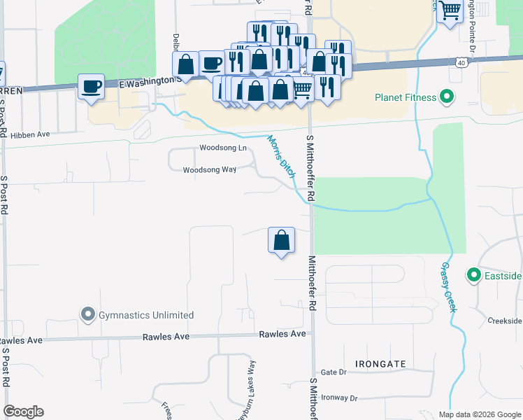 map of restaurants, bars, coffee shops, grocery stores, and more near 248 Legends Creek Place in Indianapolis