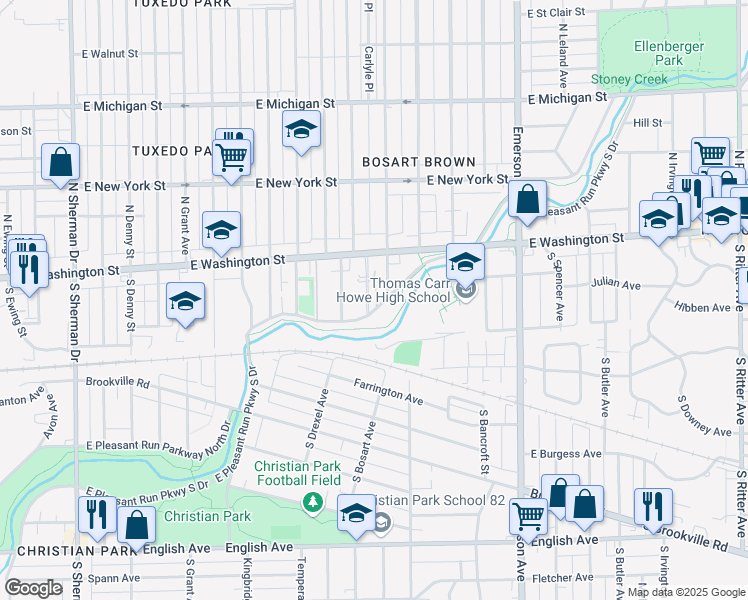 map of restaurants, bars, coffee shops, grocery stores, and more near 4736 East Pleasant Run Parkway North Drive in Indianapolis