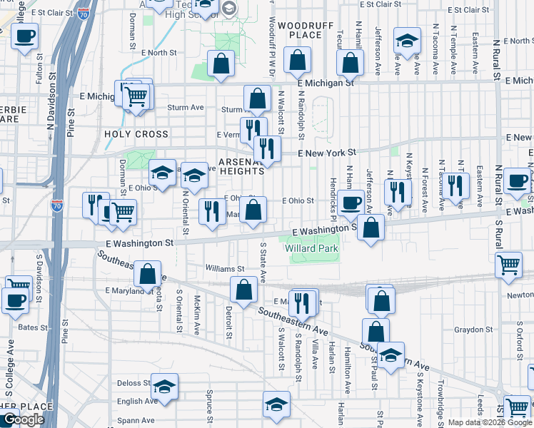 map of restaurants, bars, coffee shops, grocery stores, and more near 15 North State Avenue in Indianapolis