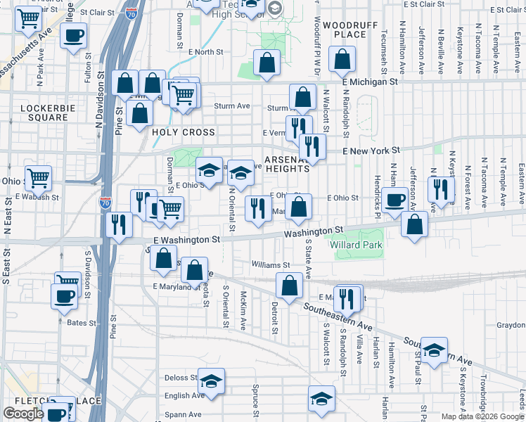map of restaurants, bars, coffee shops, grocery stores, and more near 29 North Arsenal Avenue in Indianapolis