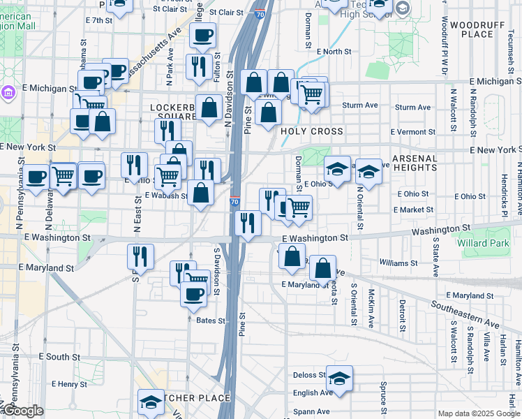map of restaurants, bars, coffee shops, grocery stores, and more near 8 North Pine Street in Indianapolis