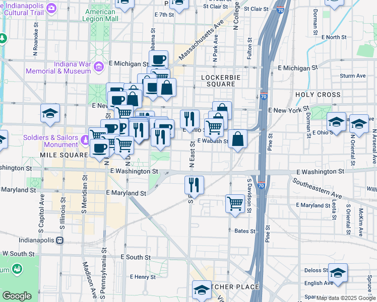 map of restaurants, bars, coffee shops, grocery stores, and more near in Indianapolis