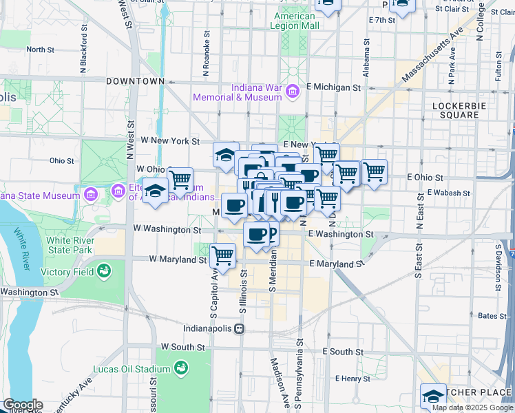 map of restaurants, bars, coffee shops, grocery stores, and more near in Indianapolis