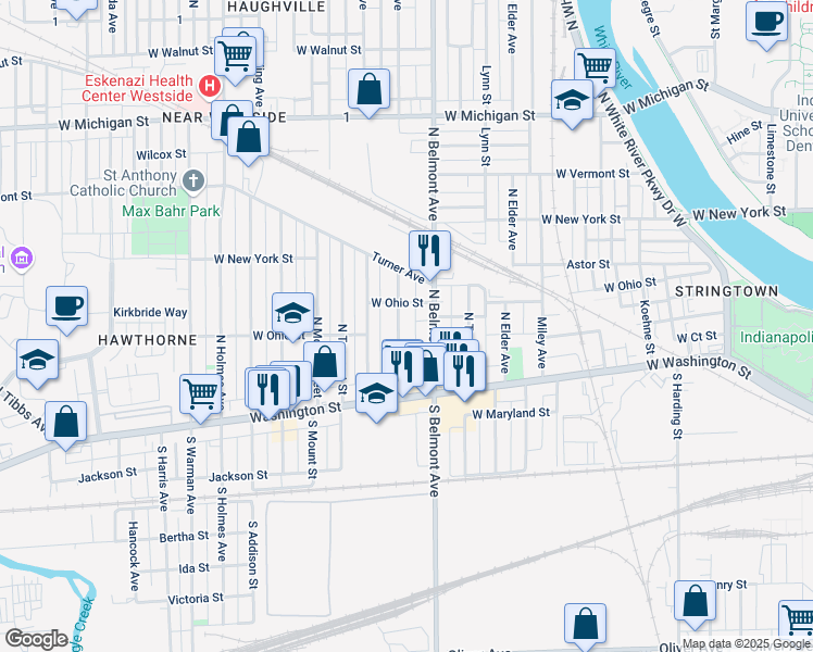 map of restaurants, bars, coffee shops, grocery stores, and more near 110 South Belmont Avenue in Indianapolis