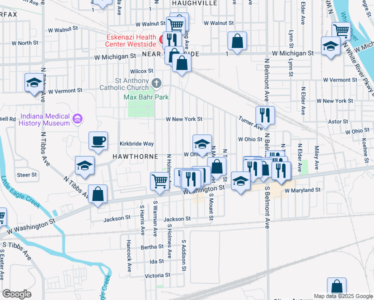 map of restaurants, bars, coffee shops, grocery stores, and more near 200 North Belleview Place in Indianapolis