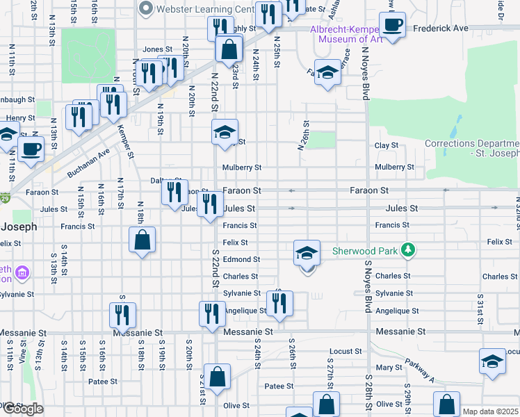 map of restaurants, bars, coffee shops, grocery stores, and more near 2402 Jules Street in Saint Joseph