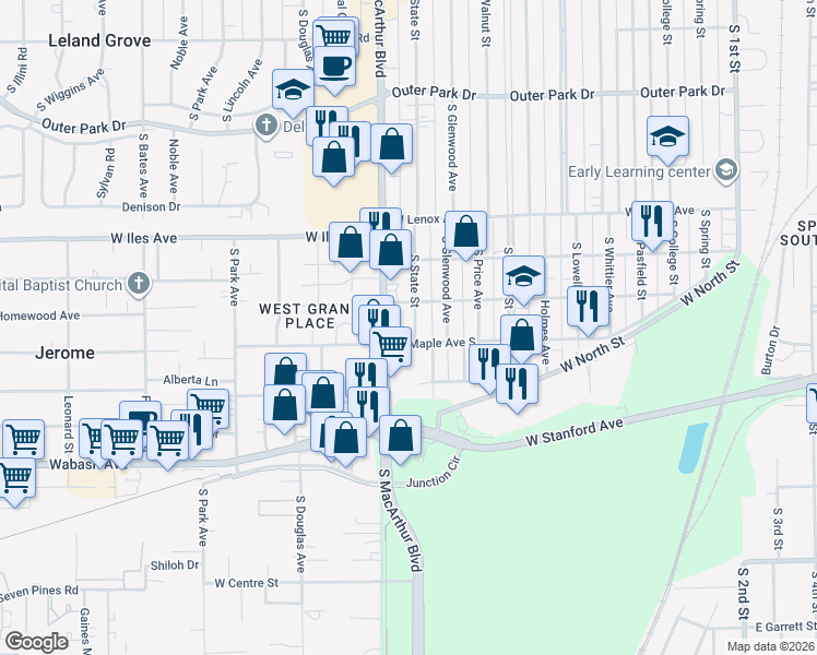 map of restaurants, bars, coffee shops, grocery stores, and more near 2825 South State Street in Springfield