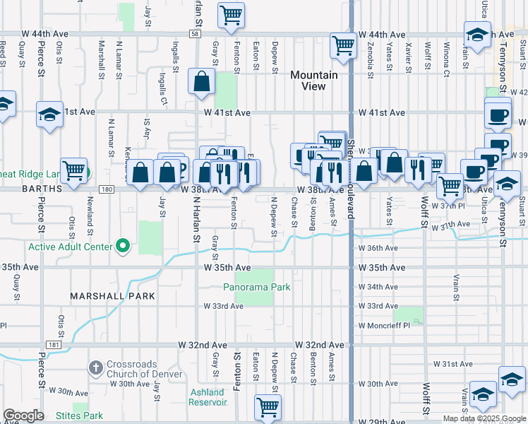 map of restaurants, bars, coffee shops, grocery stores, and more near 3765 Depew Street in Wheat Ridge