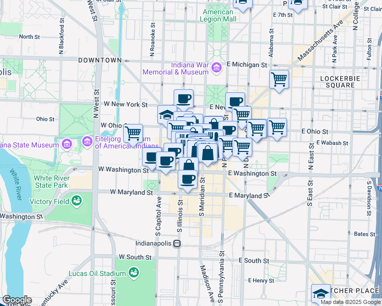 map of restaurants, bars, coffee shops, grocery stores, and more near in Indianapolis