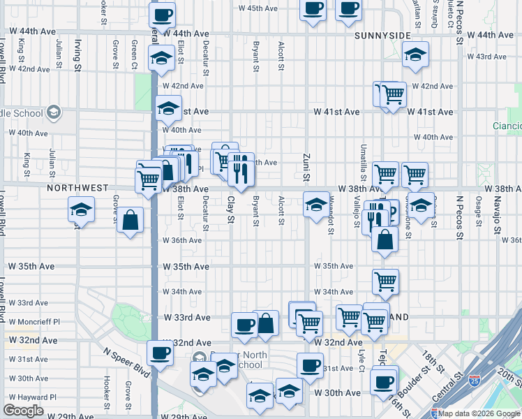 map of restaurants, bars, coffee shops, grocery stores, and more near 2530 West 37th Avenue in Denver
