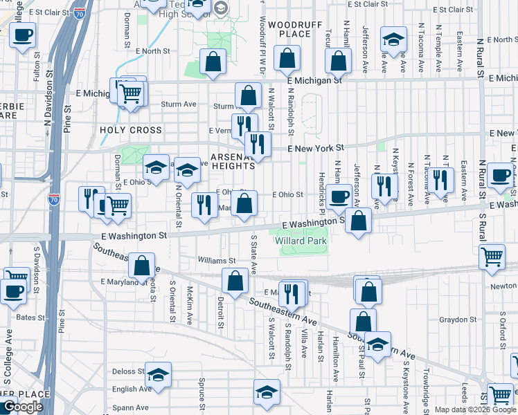map of restaurants, bars, coffee shops, grocery stores, and more near 15 North State Avenue in Indianapolis