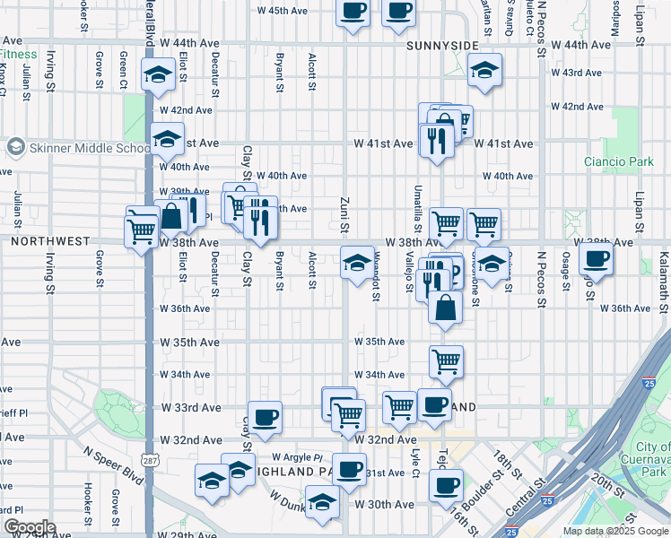 map of restaurants, bars, coffee shops, grocery stores, and more near 2432 West 37th Avenue in Denver