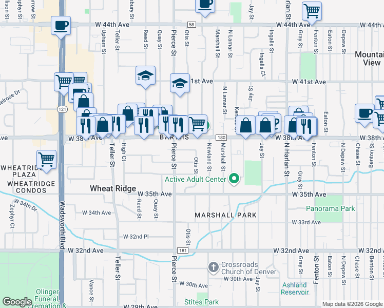 map of restaurants, bars, coffee shops, grocery stores, and more near 6701 West 36th Place in Wheat Ridge