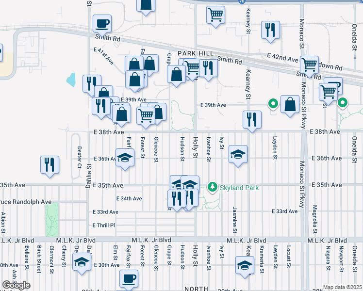 map of restaurants, bars, coffee shops, grocery stores, and more near 3647 Hudson Street in Denver