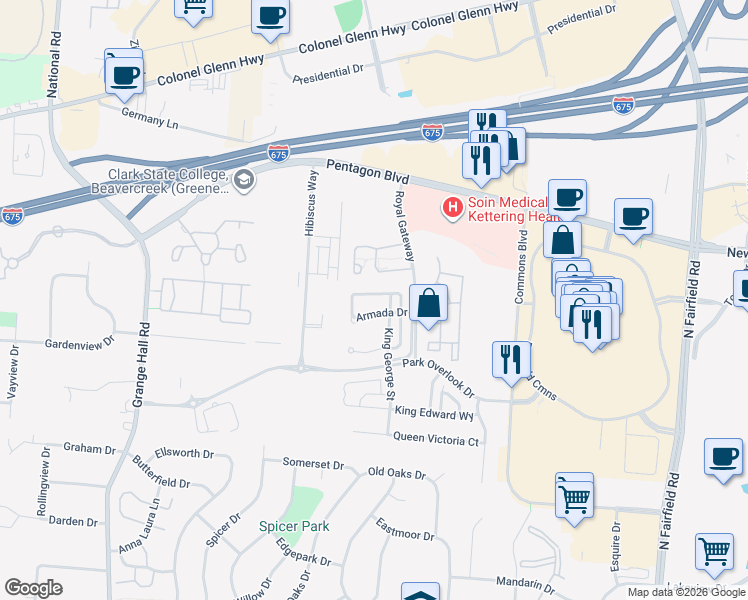 map of restaurants, bars, coffee shops, grocery stores, and more near 3600 Armada Drive in Beavercreek
