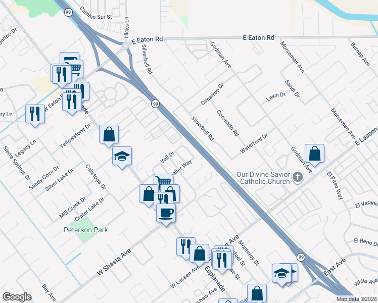 map of restaurants, bars, coffee shops, grocery stores, and more near 3070 Snowbird Drive in Chico
