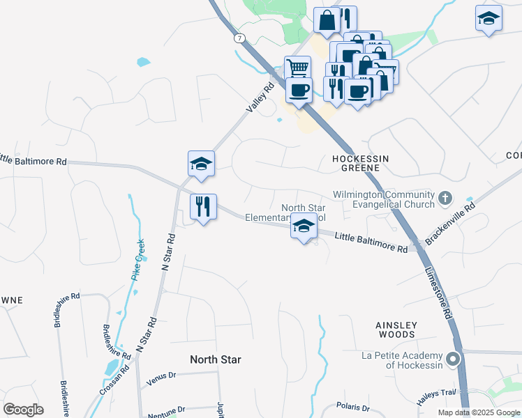 map of restaurants, bars, coffee shops, grocery stores, and more near 5 Fox Chase Lane in Hockessin