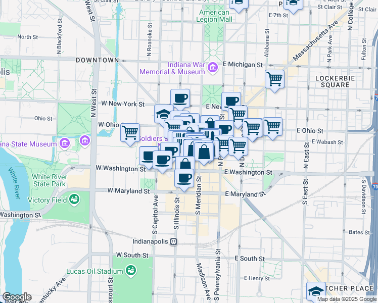 map of restaurants, bars, coffee shops, grocery stores, and more near 54 Monument Circle in Indianapolis