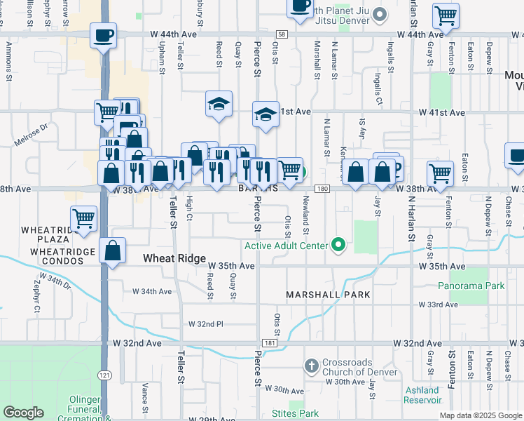 map of restaurants, bars, coffee shops, grocery stores, and more near 3650 Pierce Street in Wheat Ridge
