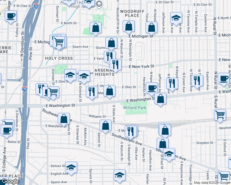 map of restaurants, bars, coffee shops, grocery stores, and more near 15 North State Avenue in Indianapolis