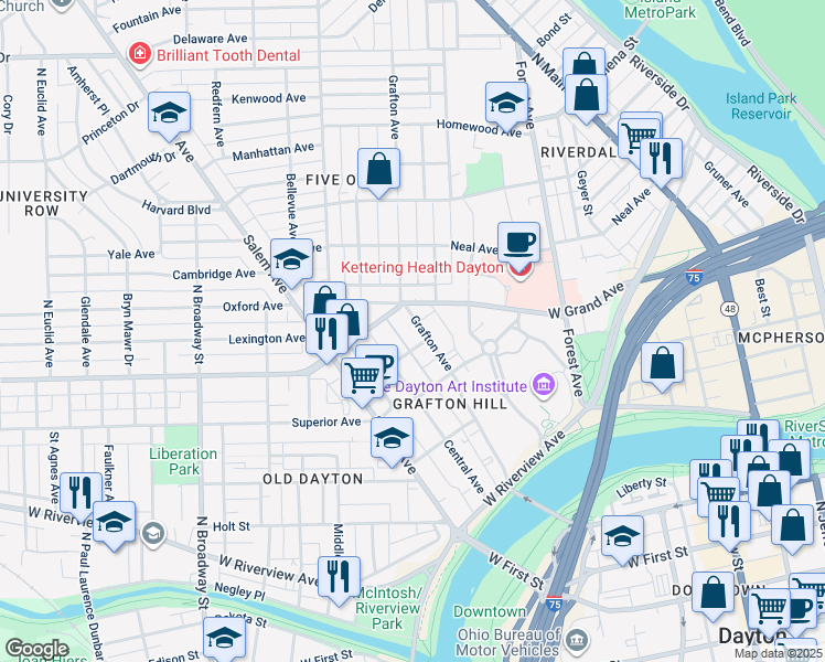 map of restaurants, bars, coffee shops, grocery stores, and more near 313 Grafton Avenue in Dayton