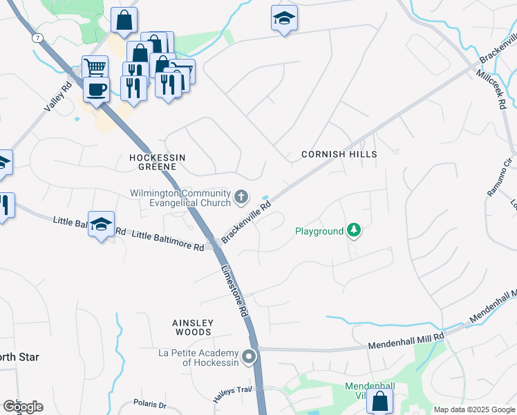map of restaurants, bars, coffee shops, grocery stores, and more near 1540 Brackenville Road in Hockessin