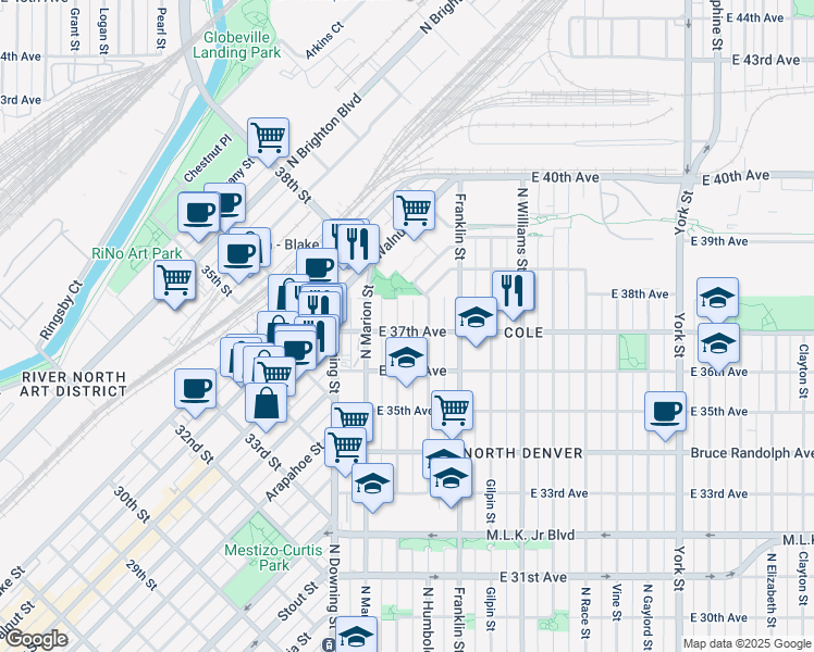 map of restaurants, bars, coffee shops, grocery stores, and more near 3663 Humboldt Street in Denver
