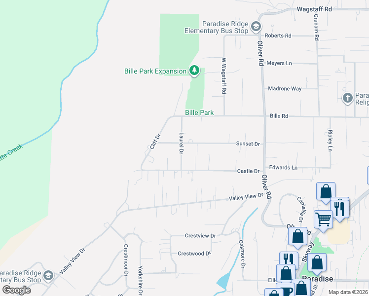 map of restaurants, bars, coffee shops, grocery stores, and more near 6134 Laurel Drive in Paradise