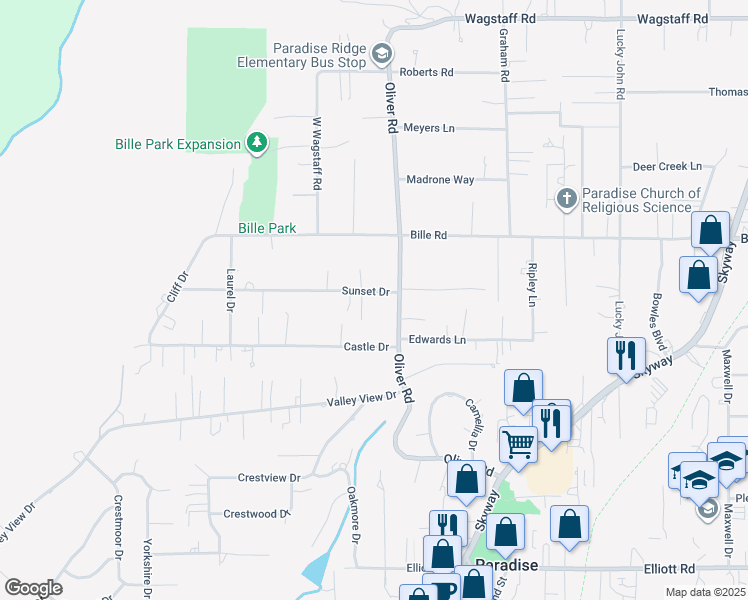 map of restaurants, bars, coffee shops, grocery stores, and more near 638 Sunset Drive in Paradise