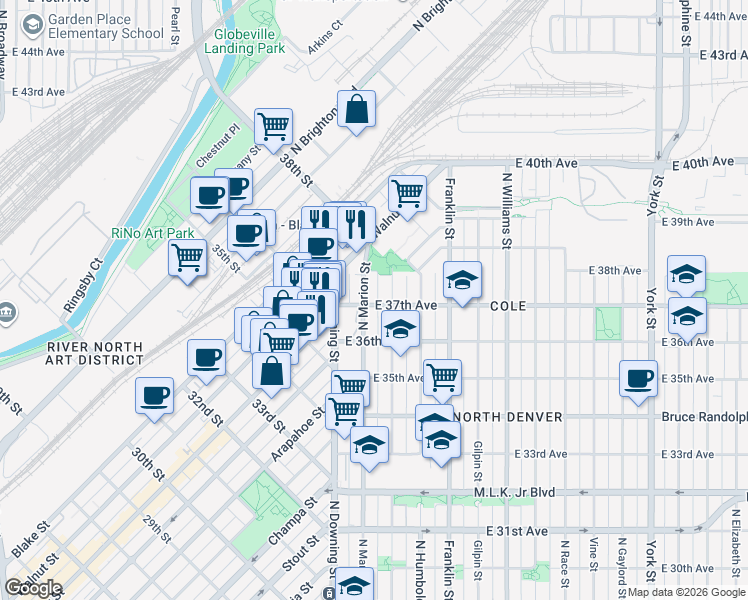 map of restaurants, bars, coffee shops, grocery stores, and more near 3654 North Marion Street in Denver