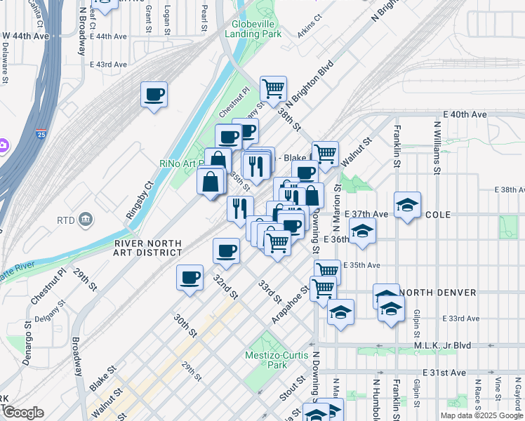 map of restaurants, bars, coffee shops, grocery stores, and more near in Denver