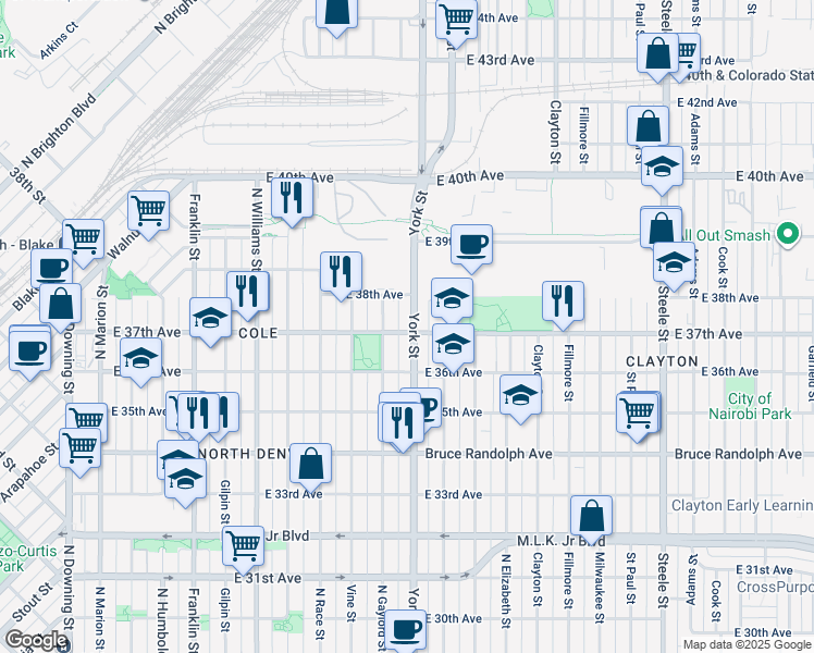 map of restaurants, bars, coffee shops, grocery stores, and more near 3701 York Street in Denver