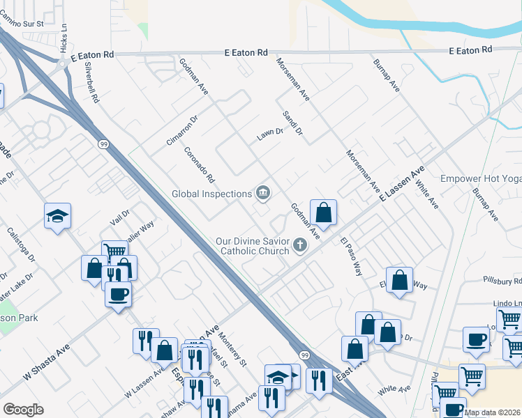 map of restaurants, bars, coffee shops, grocery stores, and more near 19 Baltar Loop in Chico