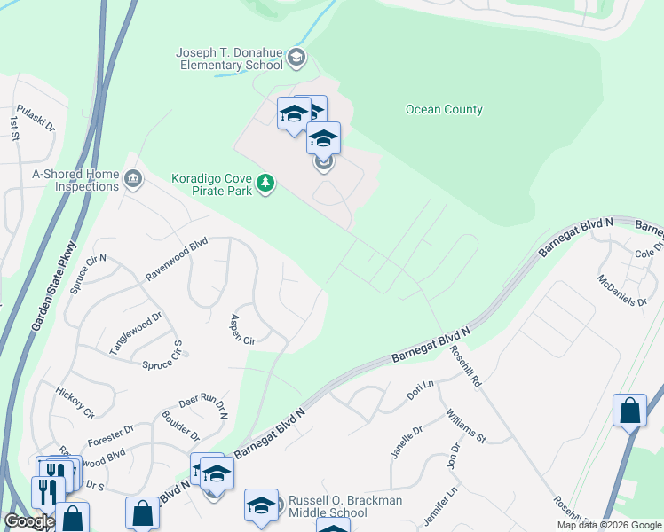 map of restaurants, bars, coffee shops, grocery stores, and more near 126 Pennsylvania Avenue in Barnegat Township