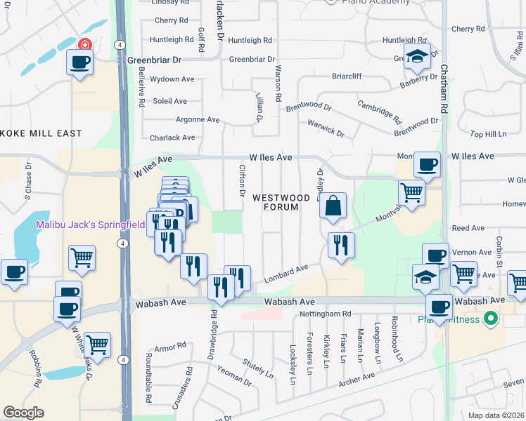 map of restaurants, bars, coffee shops, grocery stores, and more near 2299 Berkley Drive in Springfield