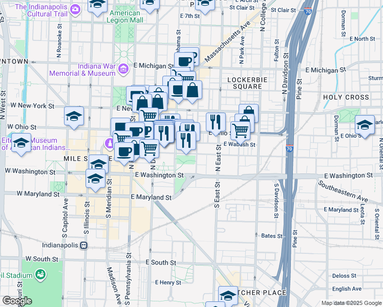map of restaurants, bars, coffee shops, grocery stores, and more near 360 East Market Street in Indianapolis