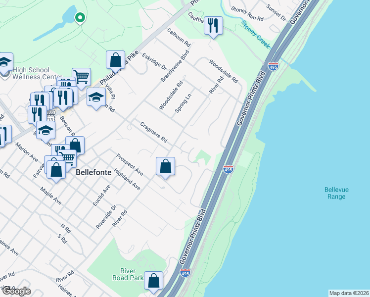 map of restaurants, bars, coffee shops, grocery stores, and more near 22 Holly Way in Wilmington